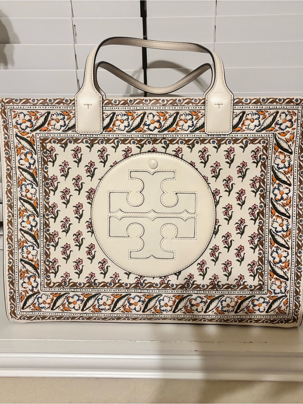 Tory Burch Cream Floral Logo Tote